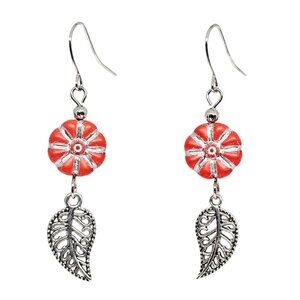 Handmade Red Czech Floral Bead Silver Leaf Charm Dangle Boho Earrings